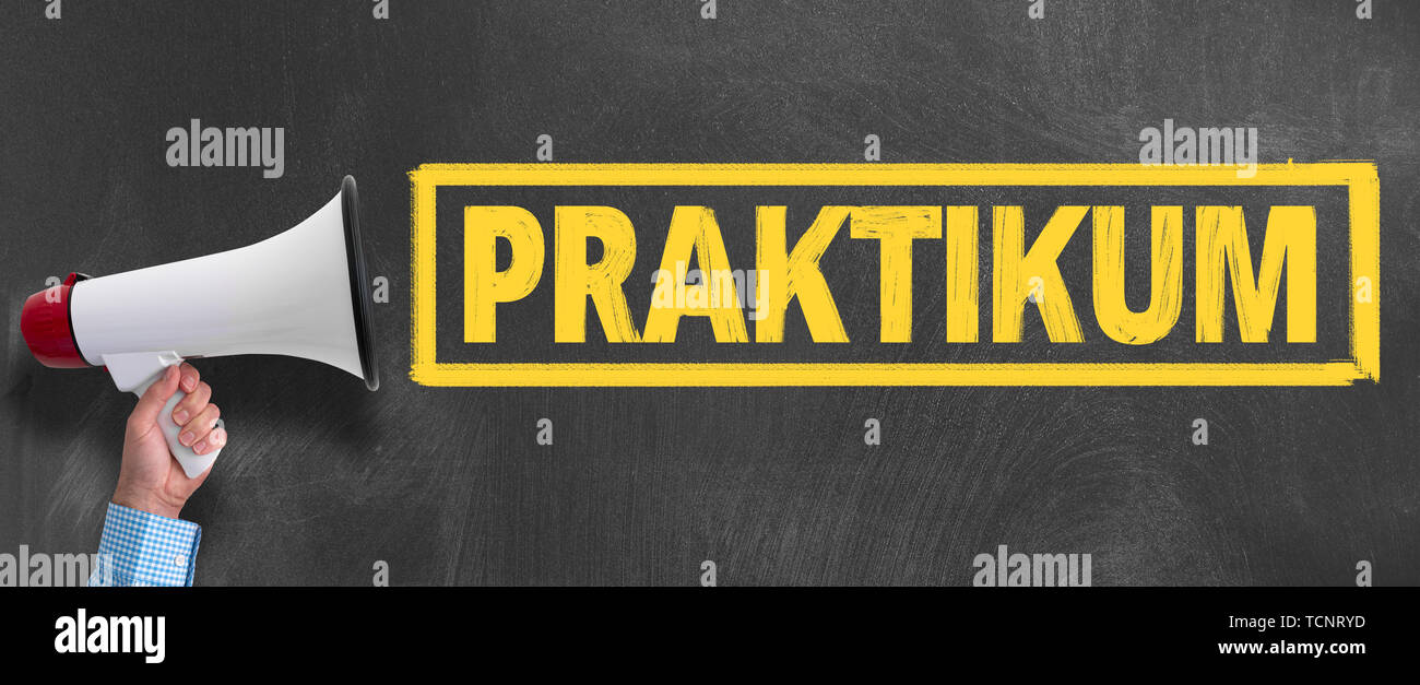 Hand des Kaufmanns holding Megaphon oder Megaphon gegen Tafel mit Word Praktikum, Praktikum Stockfoto