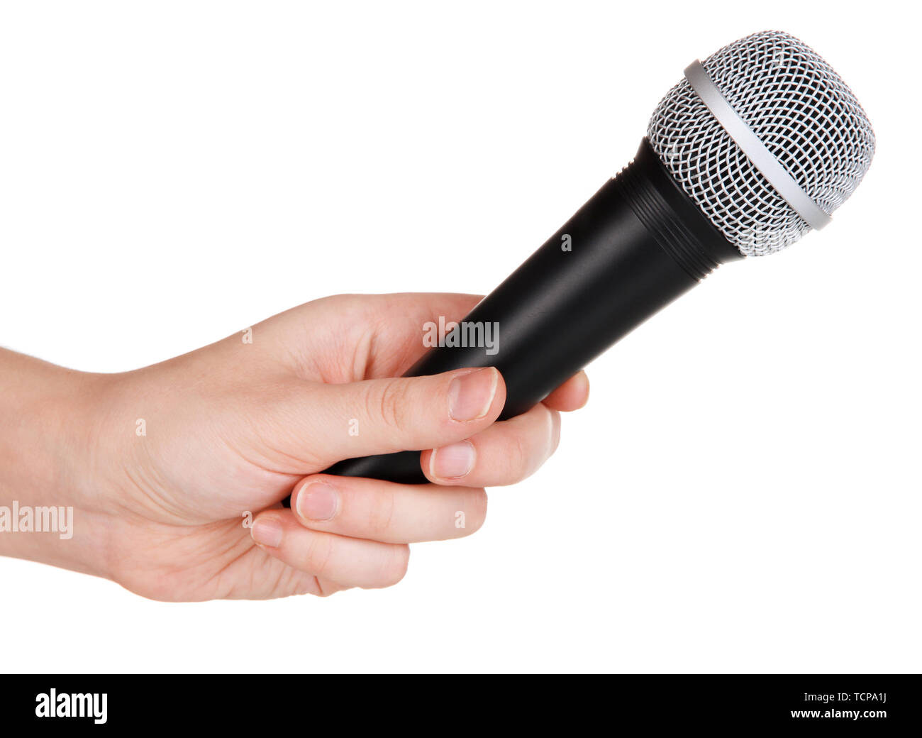 Schwarzes Mikrofon in der Hand isoliert auf weißem Stockfoto