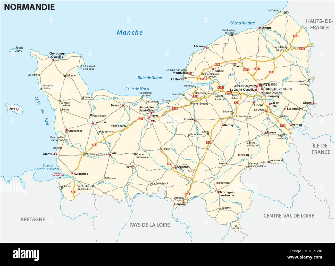 Karte von der neuen französischen Region der Normandie in französischer Sprache Stock Vektor