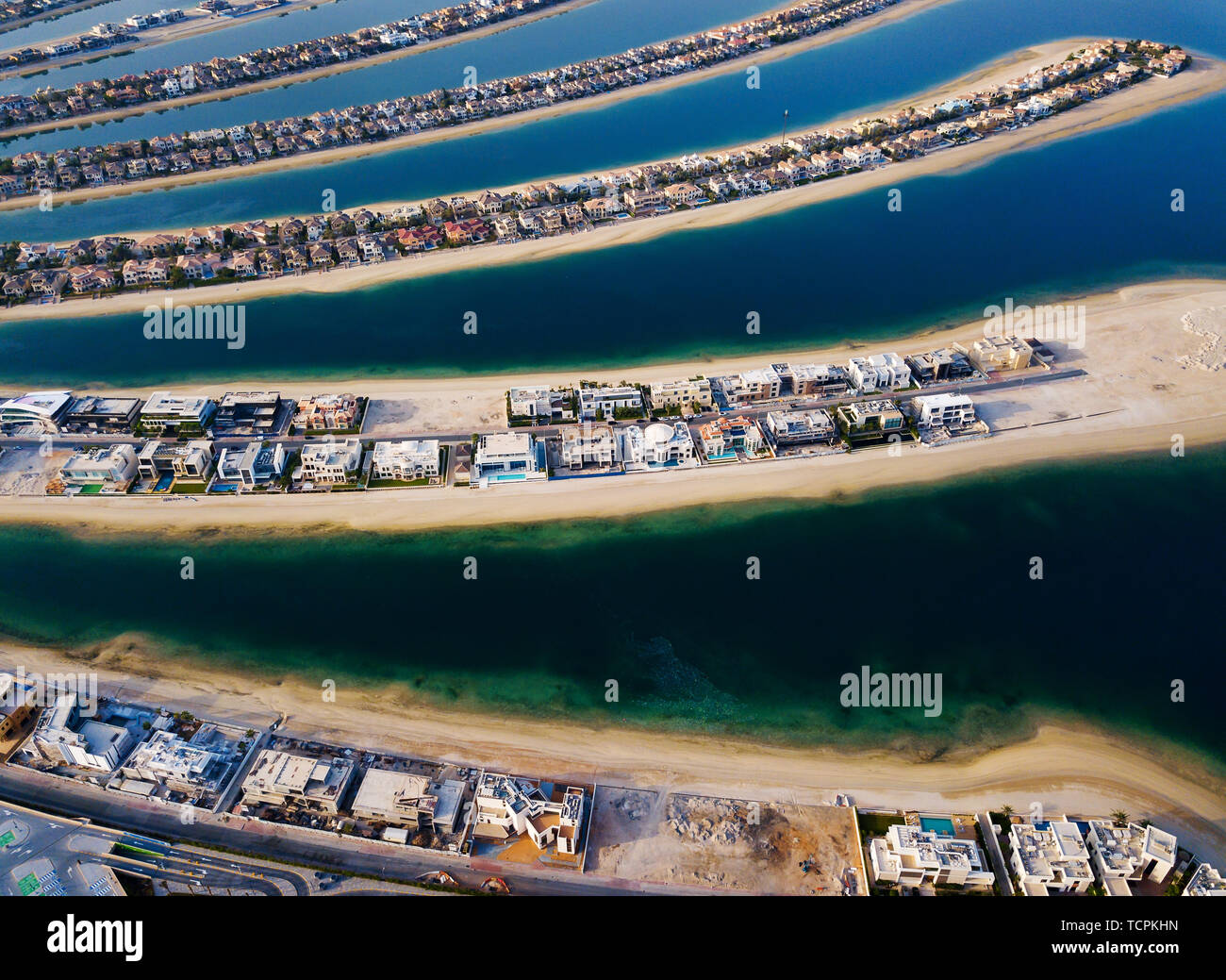 Das Palm Island mit luxuriösen Villen und Hotels in Dubai, Luftaufnahme Stockfoto