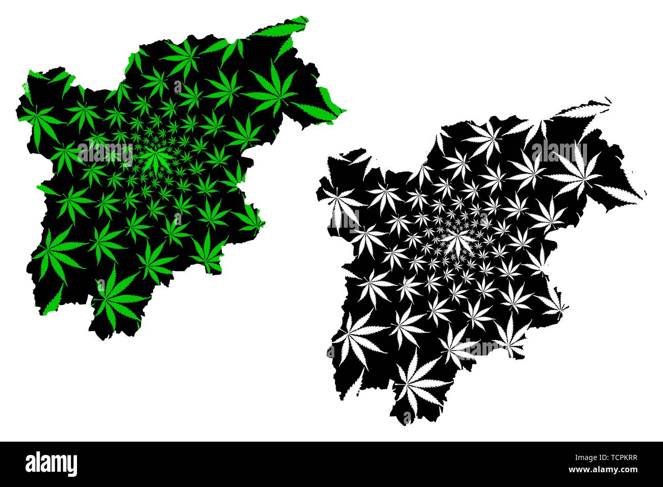 Südtirol - Südtirol (Autonome Region Italiens, Italienische Republik) Karte ist Cannabis blatt grün und schwarz gestaltet, Trentino-südtirol Karte Stock Vektor