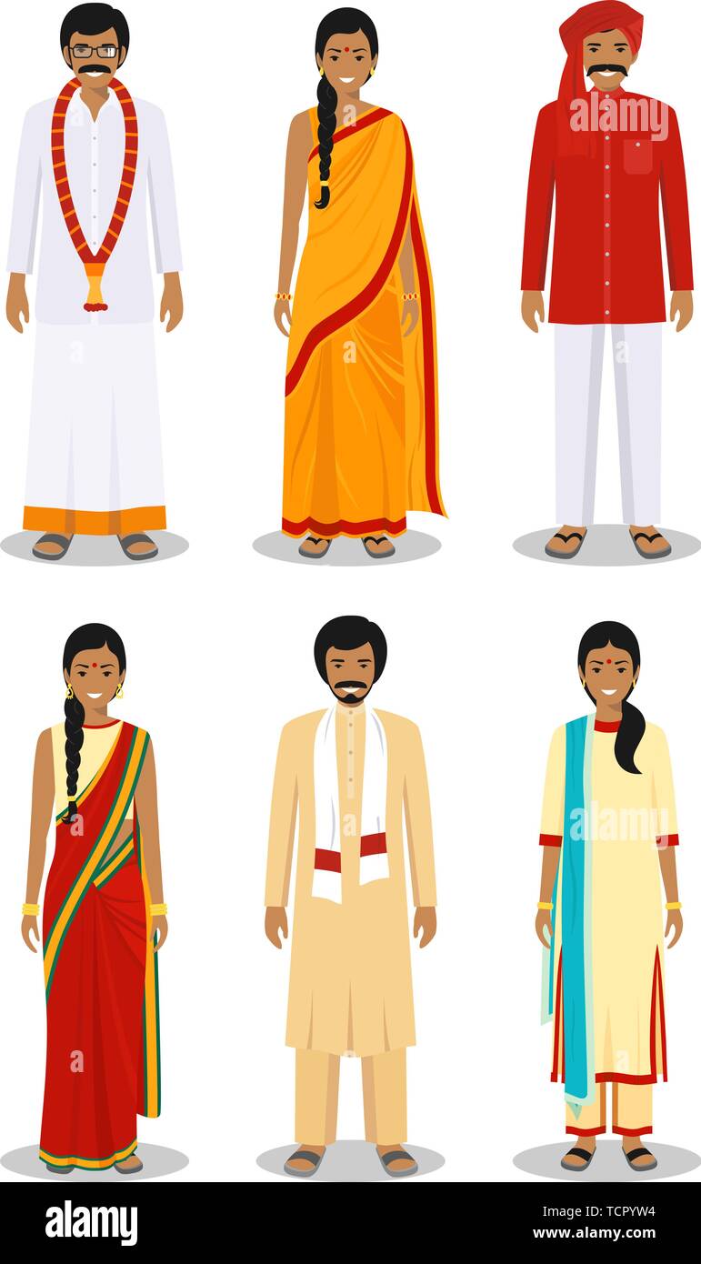 Satz von verschiedenen ständigen indischen jungen erwachsenen Frauen und Männer in der traditionellen Kleidung auf weißem Hintergrund im flachen Stil isoliert. Unterschiede Menschen Stock Vektor