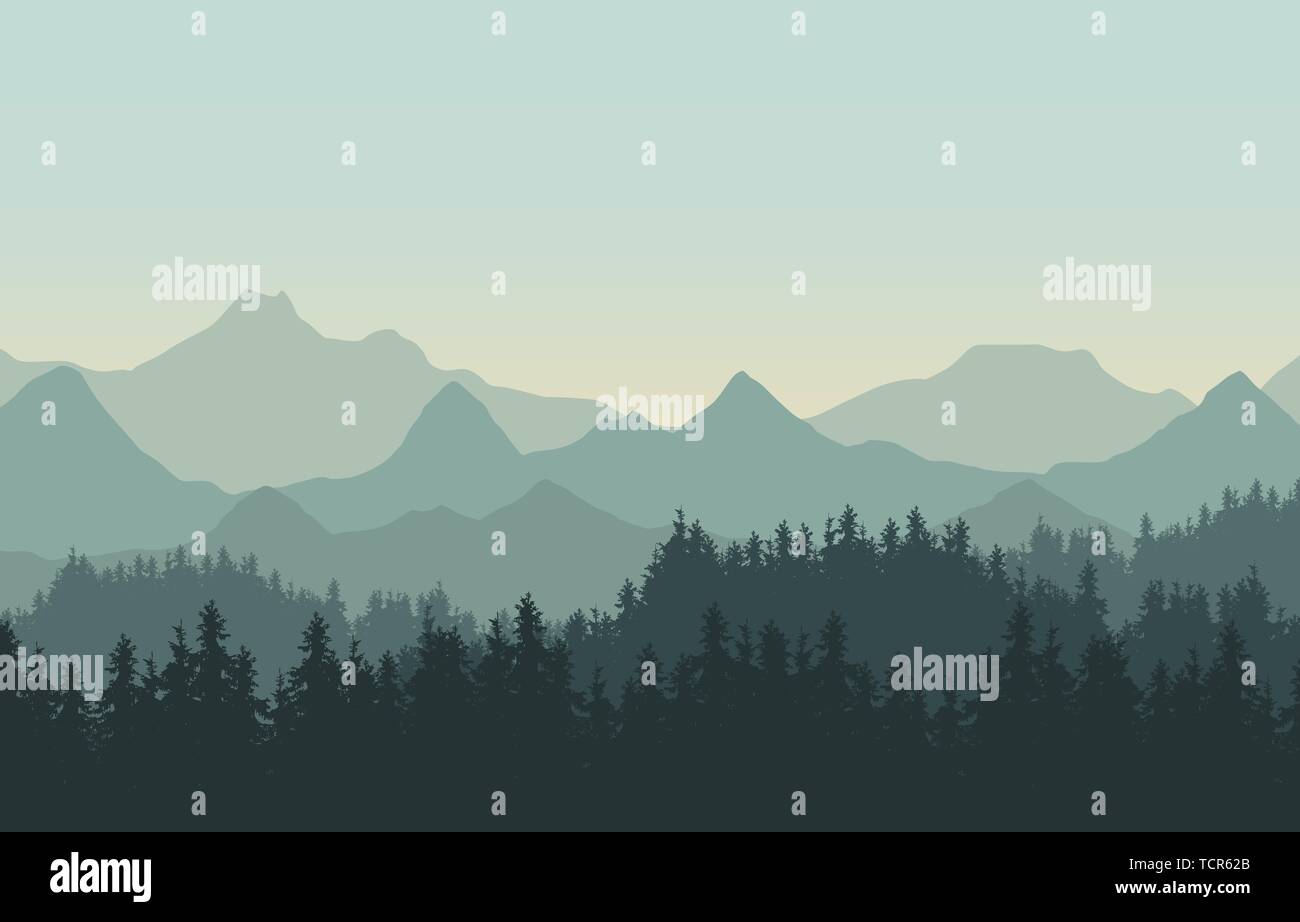 Realistische Darstellung der Landschaft mit Hügeln und Nadelwald unter grünen Himmel. Geeignet als Urlaub oder Reisen Anzeige - Vektor Stock Vektor