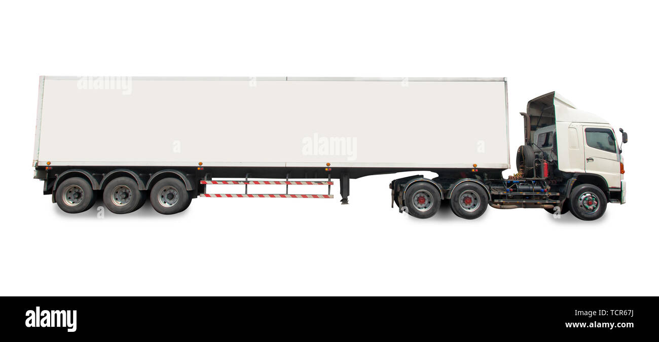 Big Truck Trailer isoliert auf weißem Hintergrund mit Freistellungspfaden. Stockfoto