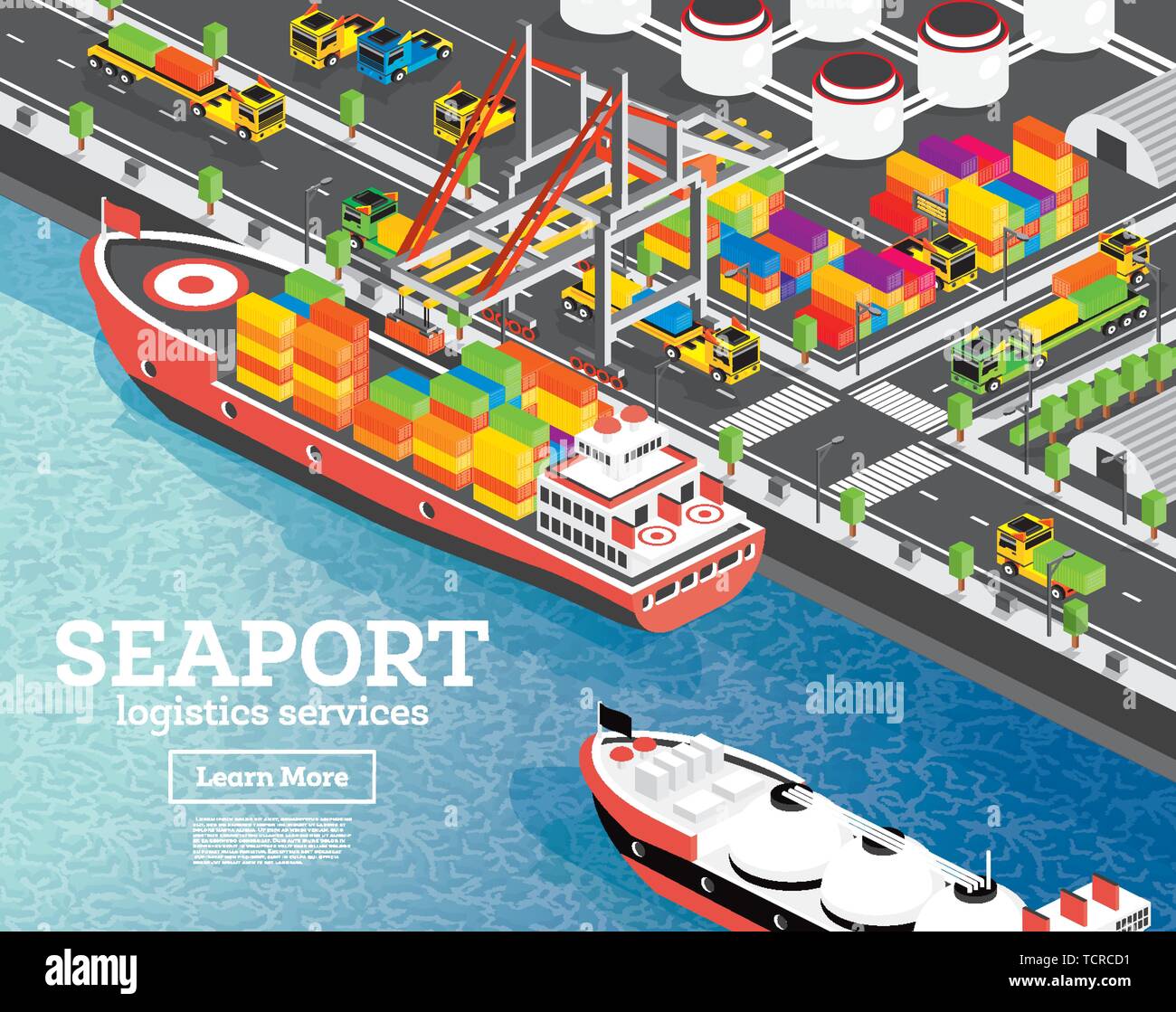 Isometrische Sea Port mit Container schiff. Vector Illustration. Gantry Kran Lasten der Ladung auf dem Schiff. Hafeninfrastruktur. LNG-Tanks. Warehouse System Stock Vektor