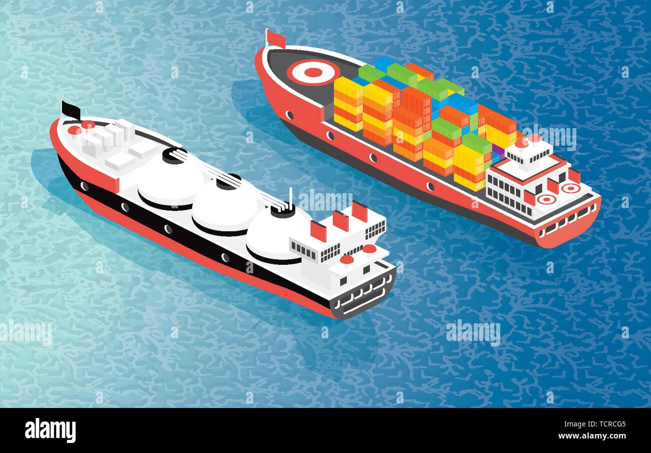 Isometrische Frachtschiff Container und LNG Carrier Schiff. Vector Illustration. Liefer- Güterverkehr. Stock Vektor