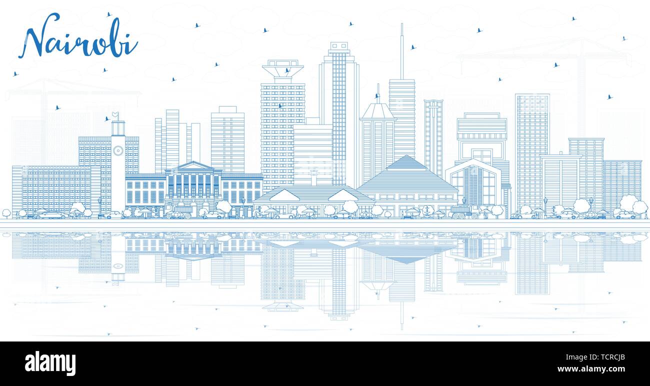 Umrisse Nairobi Kenia Skyline der Stadt mit blauen Gebäude und Reflexionen. Vector Illustration. Business Travel und Konzept mit moderner Architektur. Stock Vektor