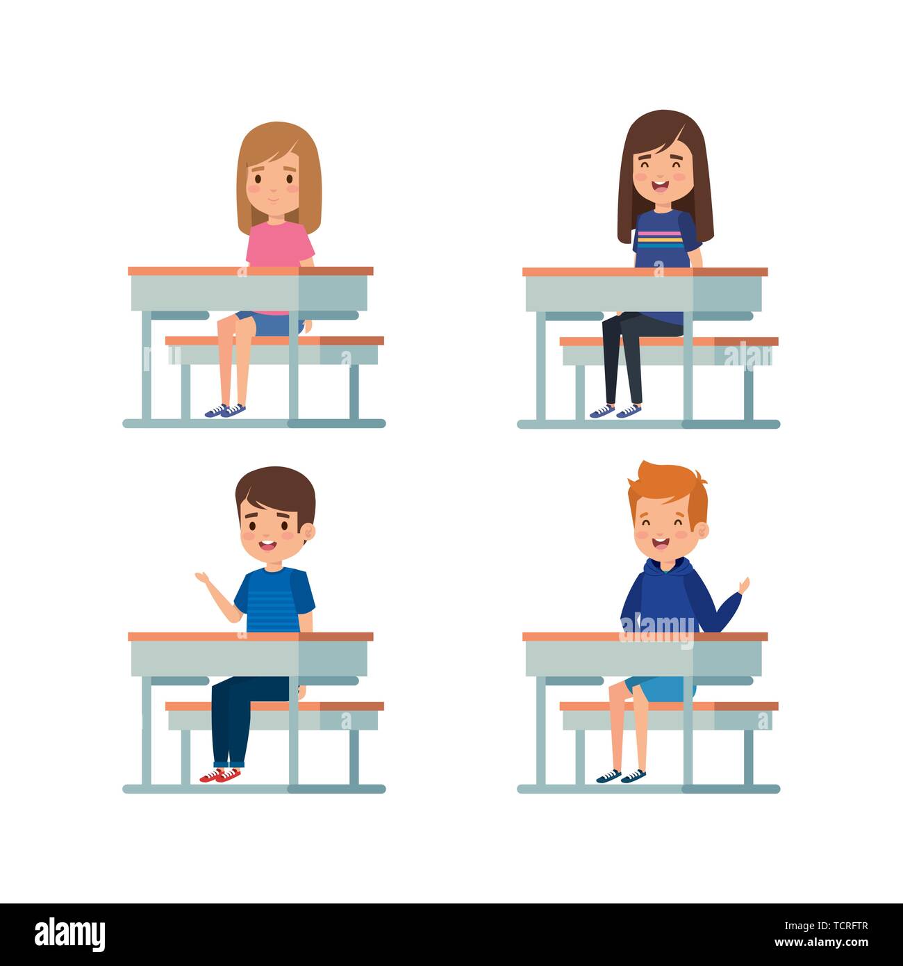 Satz von Mädchen und jungen Kindern auf dem Schreibtisch Stock Vektor