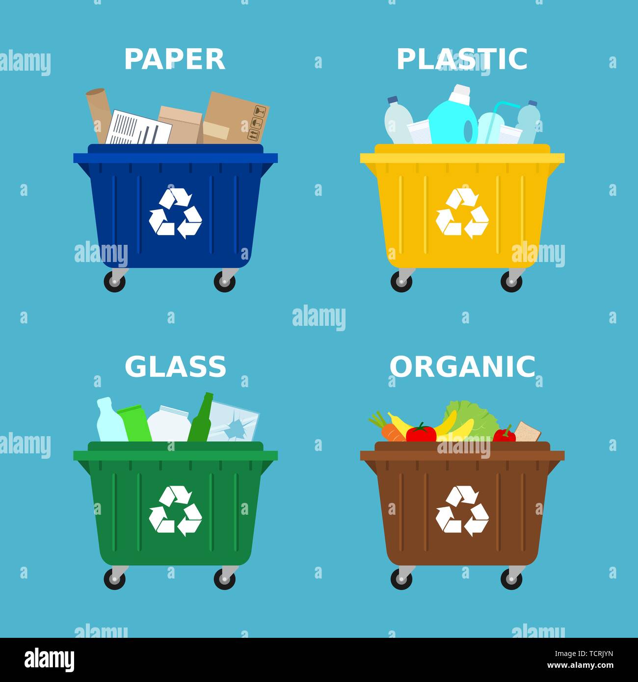 Verschiedene farbige Müllcontainer für die Sortierung der Abfälle. Trennen  Abfall, Müll sortieren, Abfallwirtschaft. Abfalleimer für Papier,  Kunststoff, Glas und Essen Stock-Vektorgrafik - Alamy