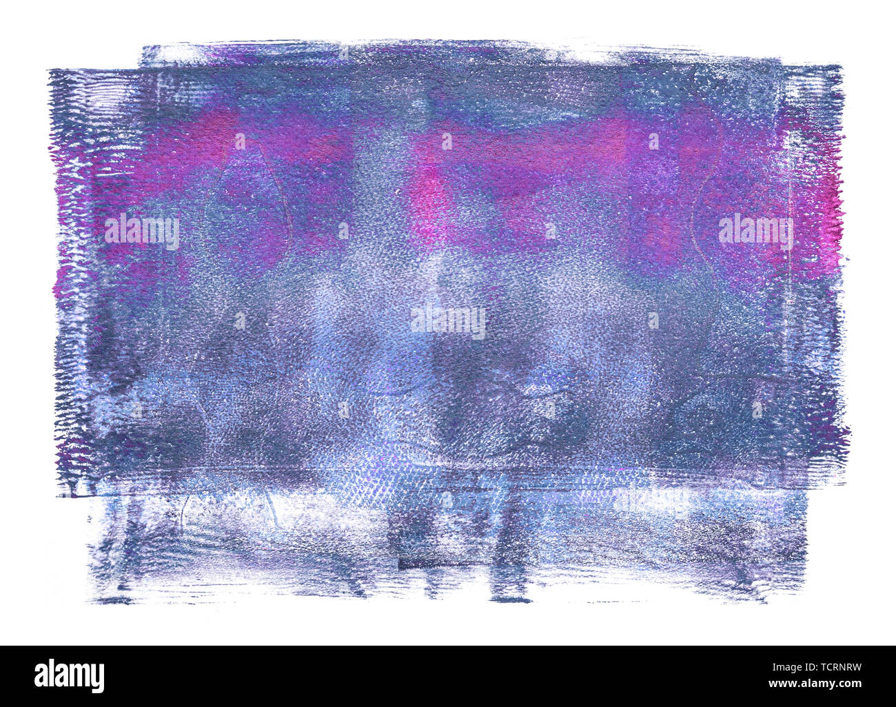 Vielschichtige abstrakte Acryl auf Aquarellpapier monoprint Hintergrund mit verschiedenen Texturen in Violett und Blau Töne gemacht Stockfoto