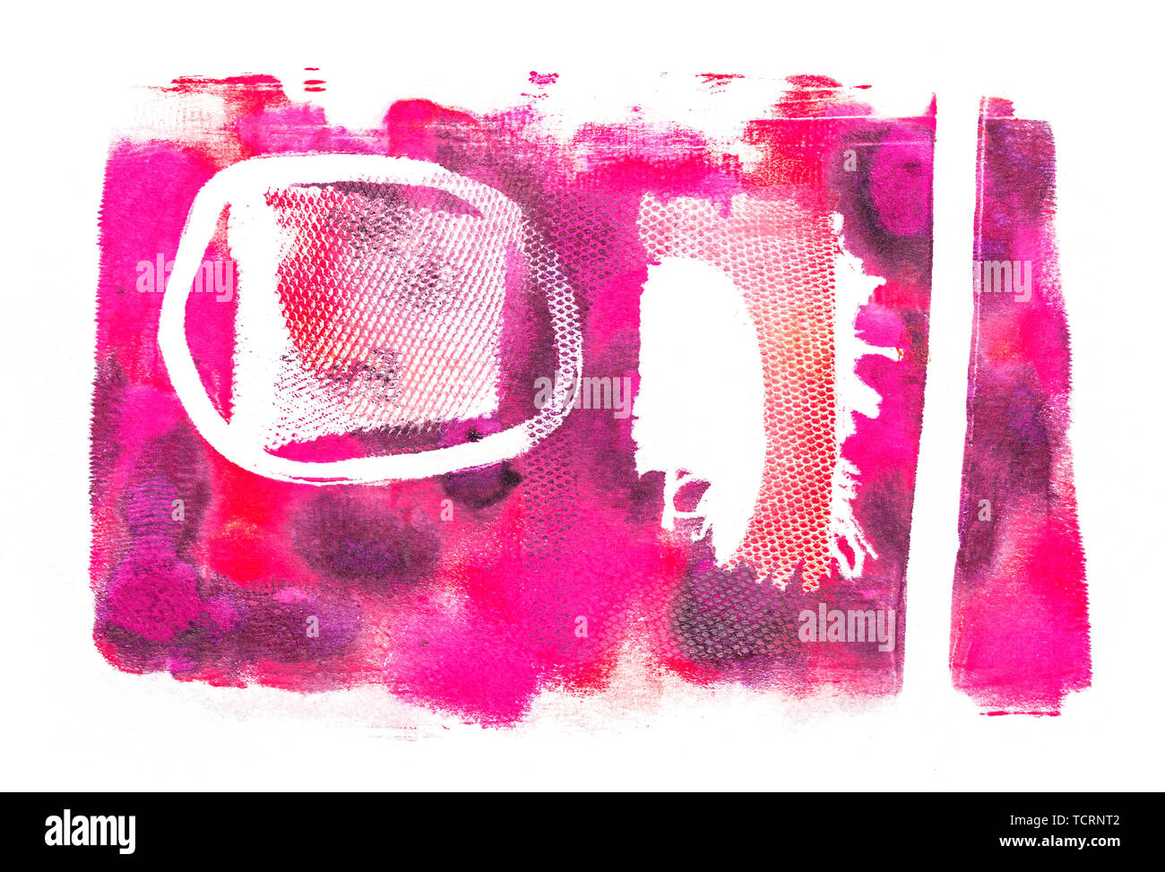 Vielschichtige abstrakte Acryl auf Aquarellpapier monoprint Hintergrund mit verschiedenen Texturen und geometrischen Formen in roten und violetten Tönen gemacht Stockfoto