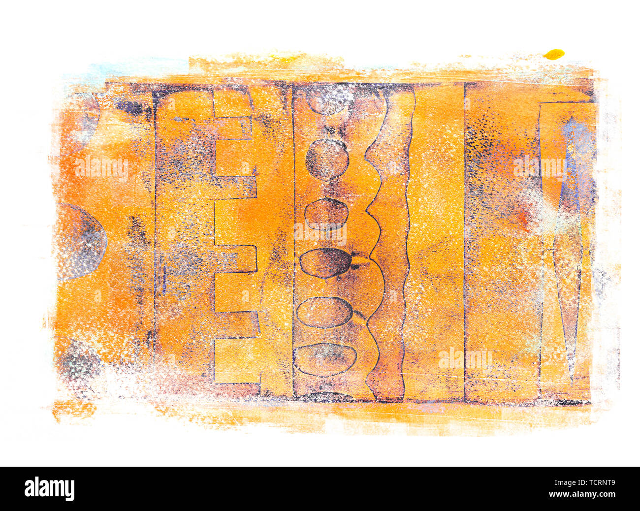 Vielschichtige abstrakte Acryl auf Aquarellpapier monoprint Hintergrund mit verschiedenen Texturen und geometrischen Formen in Gelb und Violett Töne gemacht Stockfoto