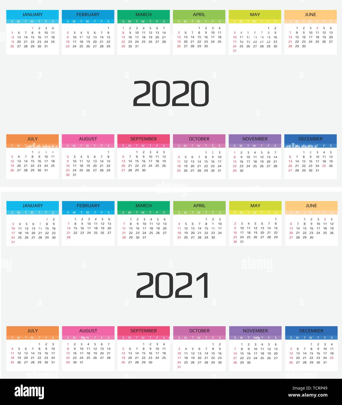 Kalender 2020 Und 2021 Vorlage 12 Monate Gehoren Urlaub Veranstaltung Stock Vektorgrafik Alamy