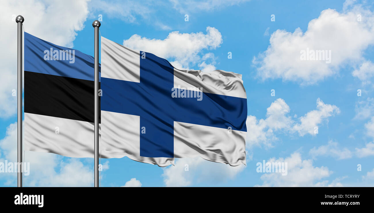 Estland und Finnland Flagge im Wind gegen Weiße bewölkt blauer Himmel zusammen. Diplomatie Konzept, internationale Beziehungen. Stockfoto