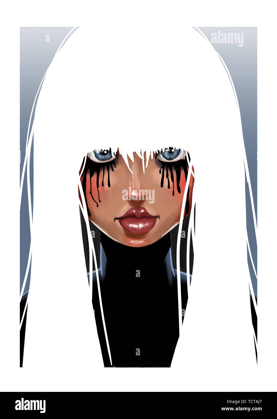 Digitale Illustration von Mädchen mit reinem weißem Haar, blaue Augen und Mascara, ihr Gesicht nach unten Stockfoto