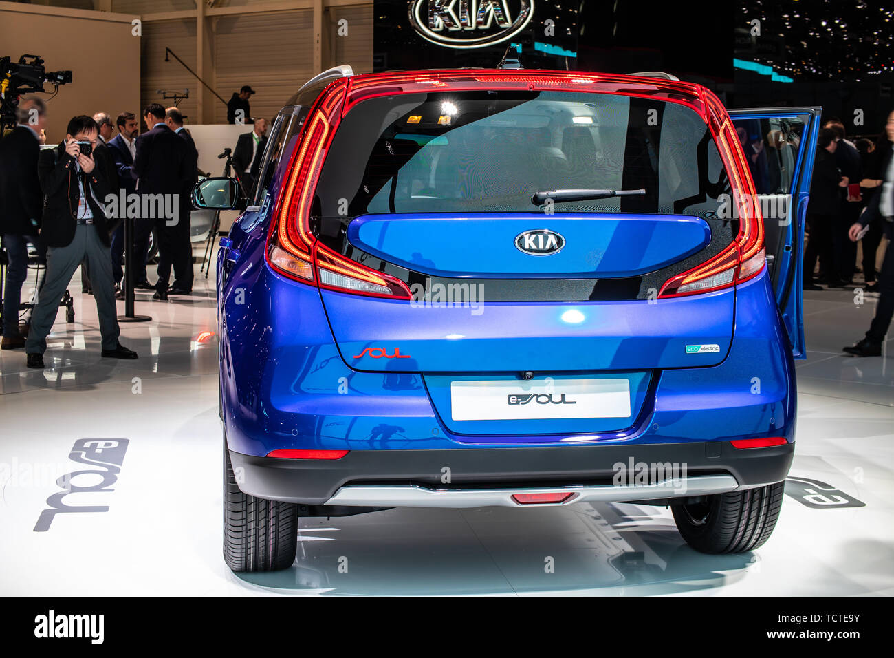 Genf, Schweiz, März 05, 2019: Blau metallic Neue Kia e-Seele EV am Internationalen Automobilsalon in Genf, der Dritten Generation, SK3, der von Kia produziert Stockfoto