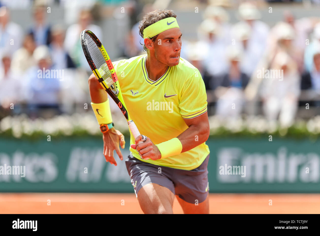 Paris, Frankreich. 09 Juni, 2019. Rafael Nadal aus Spanien während der Männer singles Finale der French Open Tennis Turnier gegen Dominic Thiem von Österreich bei der Roland Garros in Paris am 9. Juni 2019. Quelle: Lba Co.Ltd./Alamy leben Nachrichten Stockfoto