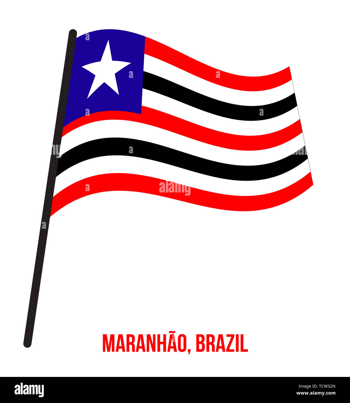 Maranhao Flagge schwenkten Vector Illustration auf weißem Hintergrund. Staaten Flagge von Brasilien. Stockfoto