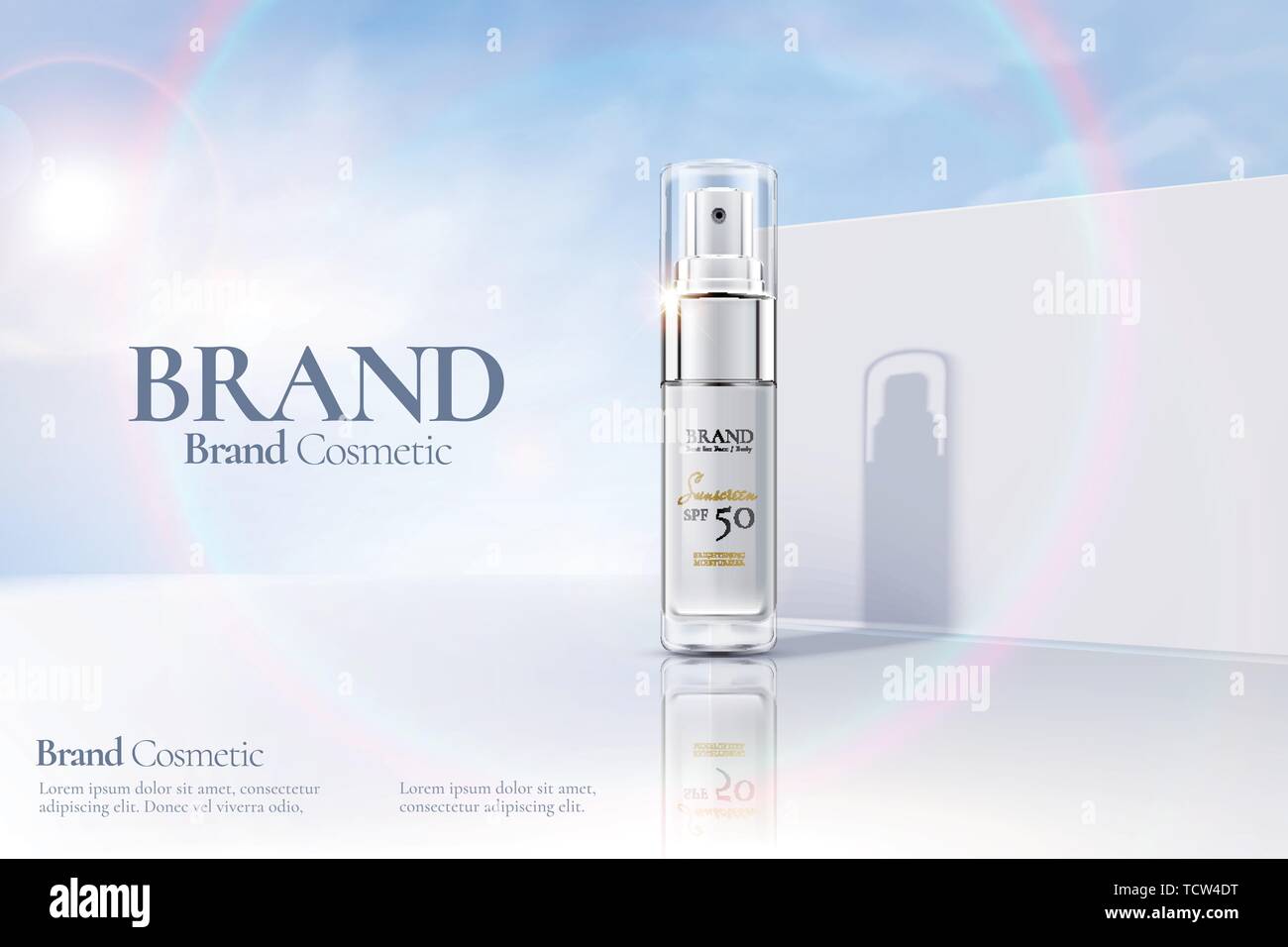 Kosmetische Sprühflasche Ads auf weißen klare Wand Hintergrund mit Sunbeam in 3D-Darstellung Stock Vektor