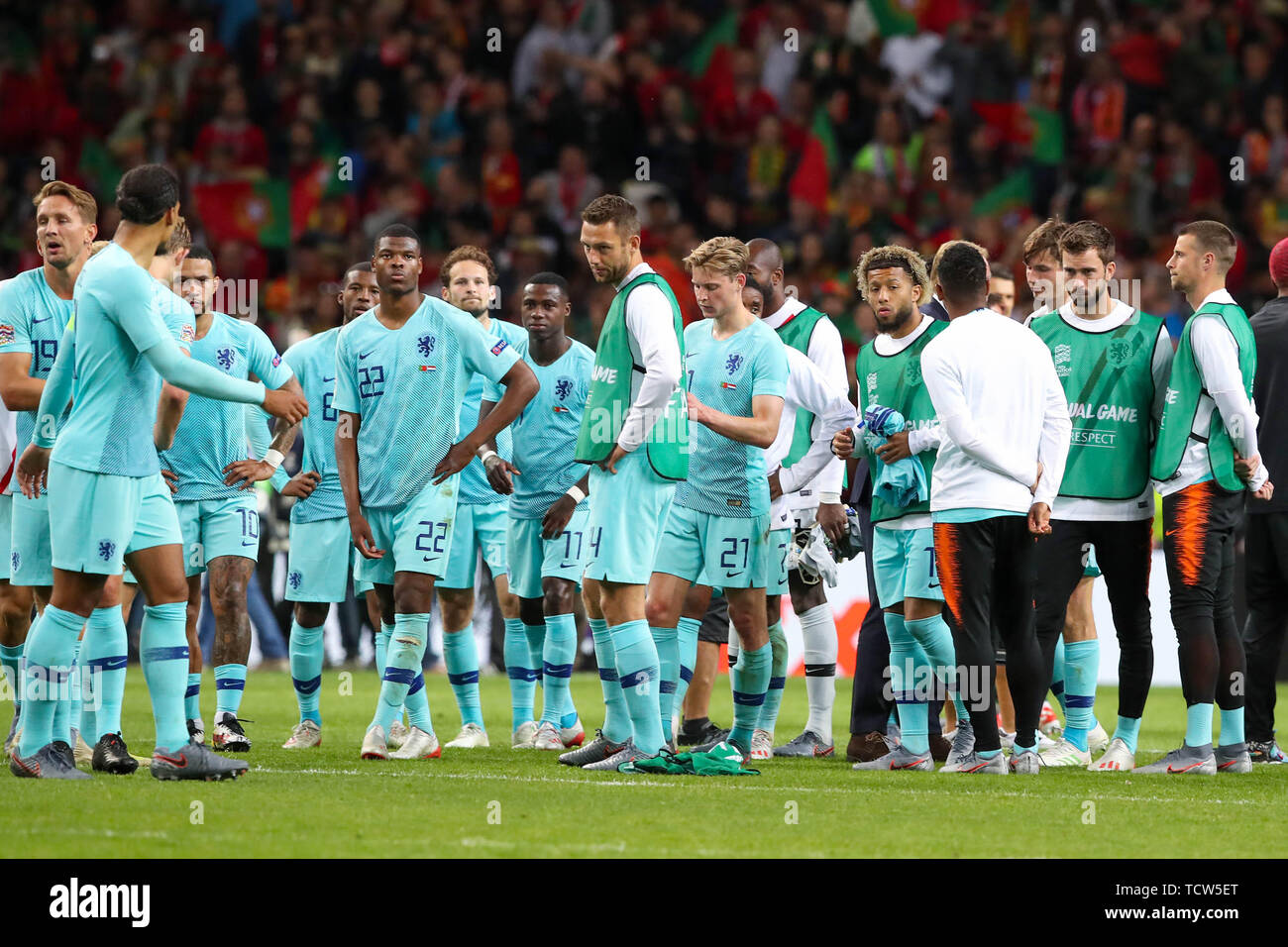 9. juni 2019 Porto, Portugal Fussball Finale Nations League Portugal gegen Niederlande Deception Niederlande Denzel Dumfries der Niederlande, Stefan de Vrij der Niederlande, Frenkie de Jong der Niederlande, Tonny Vilhena der Niederlande Stockfoto
