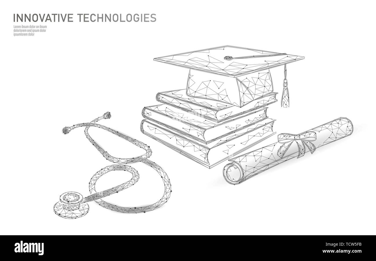 E-learning Abstand Medizin Graduate Certificate Program Konzept. Low Poly 3D-Render skalenhaube Diplom und Stethoskop banner Vorlage. Internet Stock Vektor