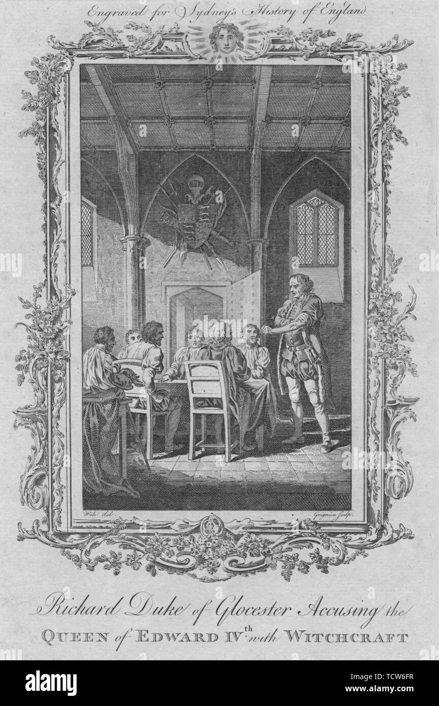 "Richard Herzog von Gloucester wirft der Königin von Edward IV mit Hexerei', 1773. Schöpfer: Charles Grignion. Stockfoto
