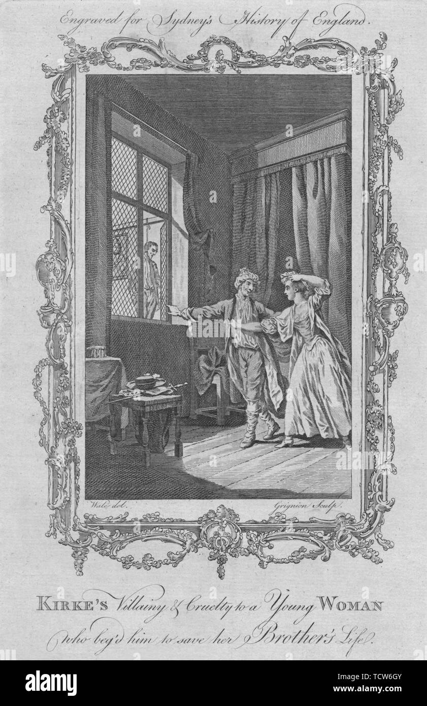"Kirke Gemeinheit und Grausamkeit zu einer jungen Frau, die betteln würde ihm das Leben seines Bruders", 1773 zu speichern. Schöpfer: Charles Grignion. Stockfoto