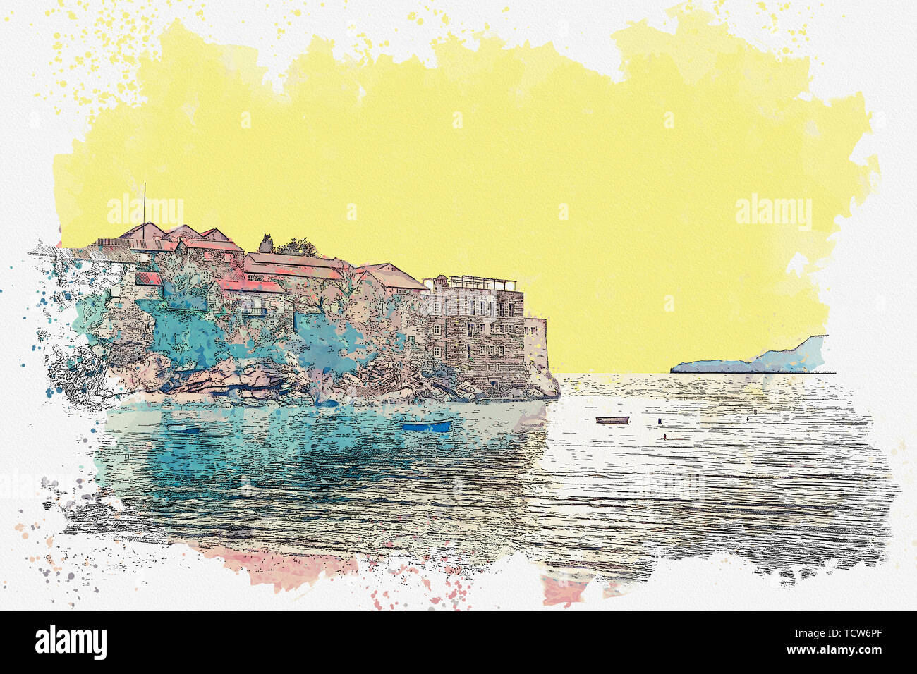 Aquarell Skizze oder Abbildung: Blick auf Architektur oder Gebäude auf der Insel Sveti Stefan in Montenegro. Stockfoto