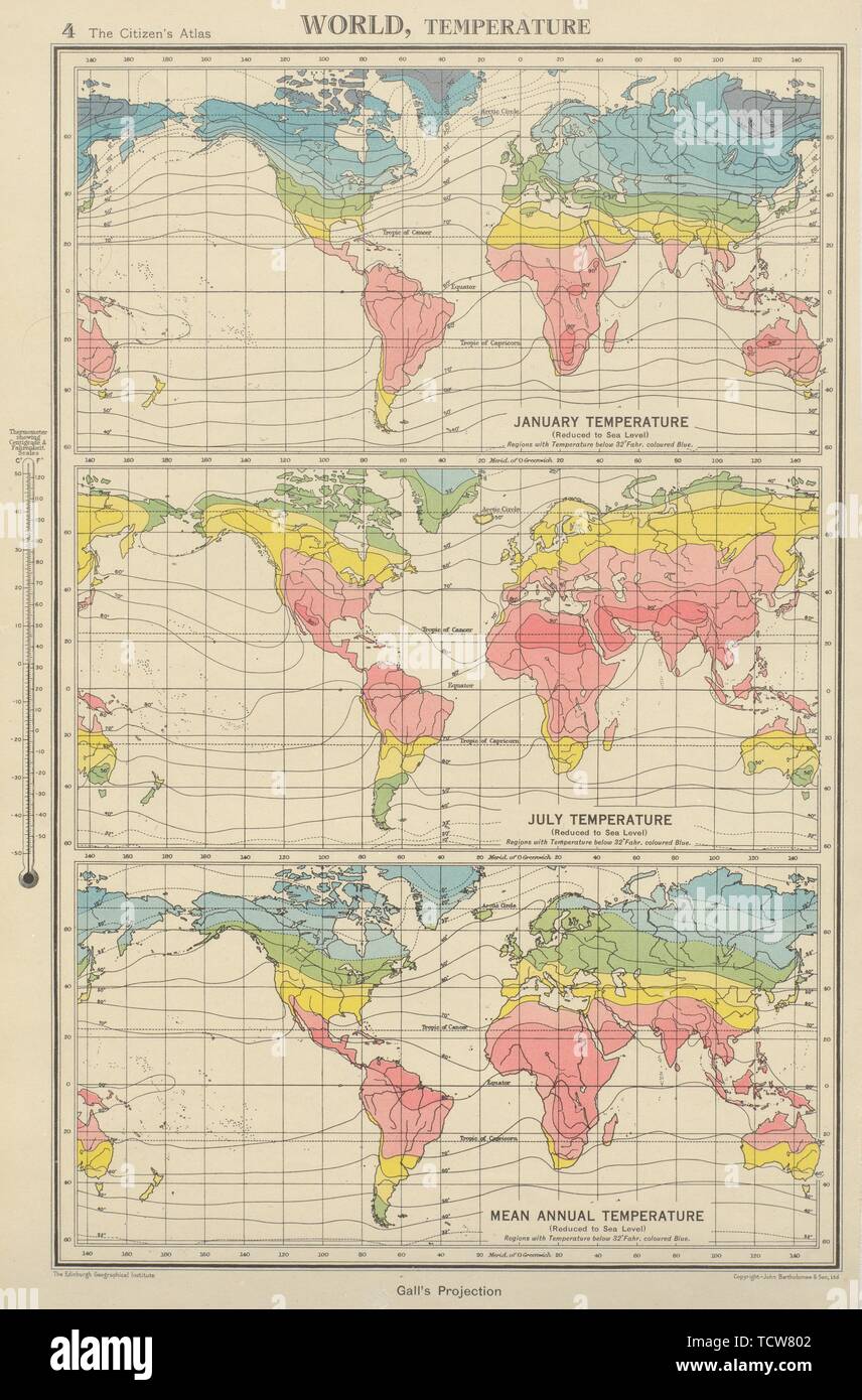 Welt Temperatur. Januar Juli Mittlere jährliche. Bartholomäus 1947 alte vintage Karte Stockfoto