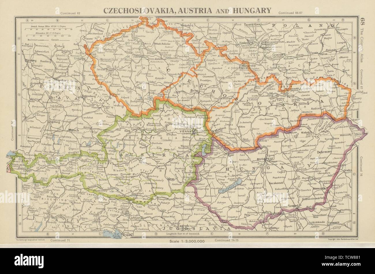 Der Tschechoslowakei, Österreich und Ungarn. Central Europe post WW 2 Grenzen 1947 Karte Stockfoto Der Tschechoslowakei, Österreich und Ungarn. Central Europe post WW 2 Grenzen 1947 Karte Stockfoto