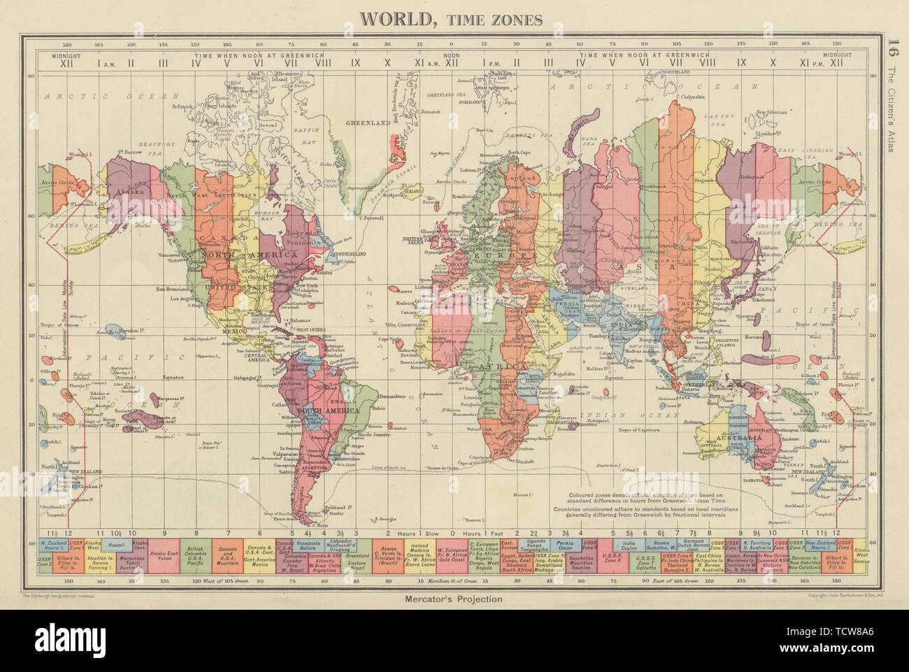 Welt. Zeitzonen. Großbritannien Irland Spanien und Frankreich auf der gleichen Zone. Bartholomäus 1947 Karte Stockfoto