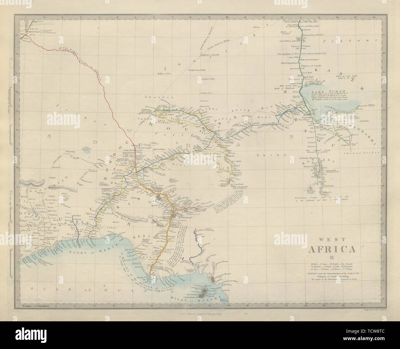 NIGERIA Explorers' Routen. Lander Clapperton Oudney Denham Allen. SDUK 1874 Karte Stockfoto