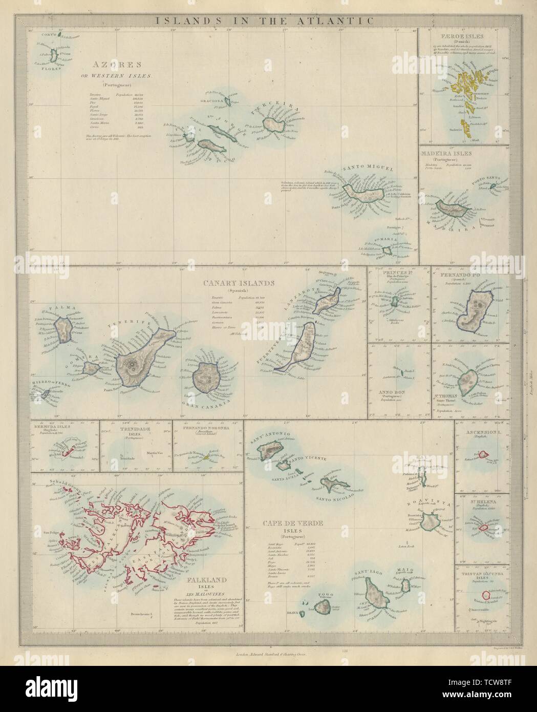 Atlantischen Inseln Azoren Kapverden Madeira Kanarische Bermuda Falkland SDUK 1874 Karte Stockfoto