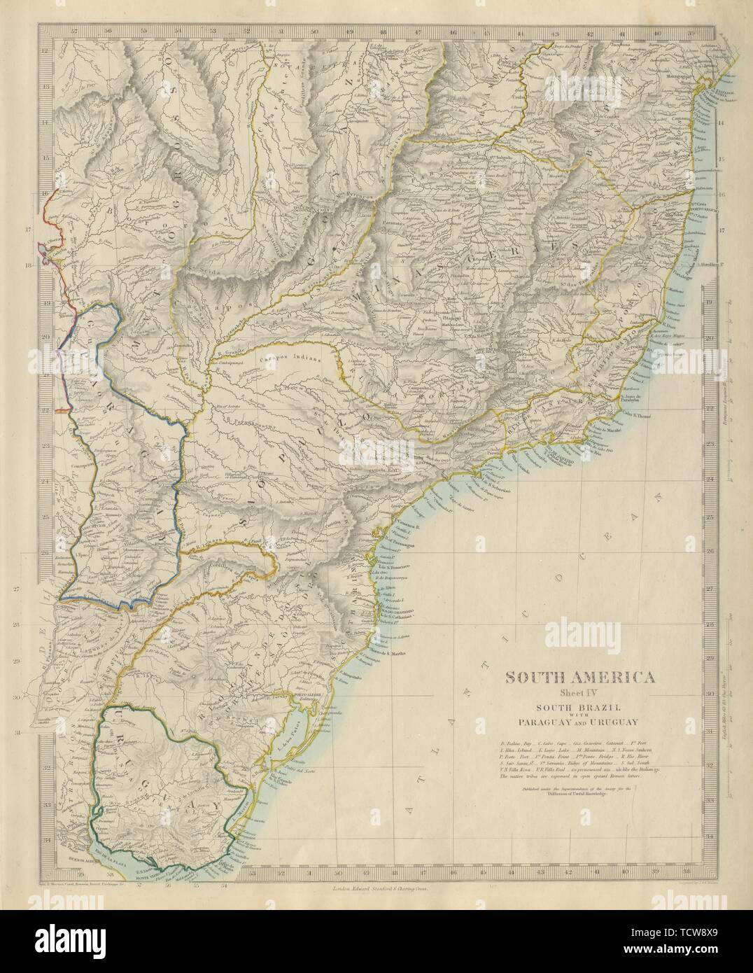 Süd Brasilien Paraguay Uruguay. Minas Gerais Bahia Sao Paolo. SDUK 1874 alte Karte Stockfoto