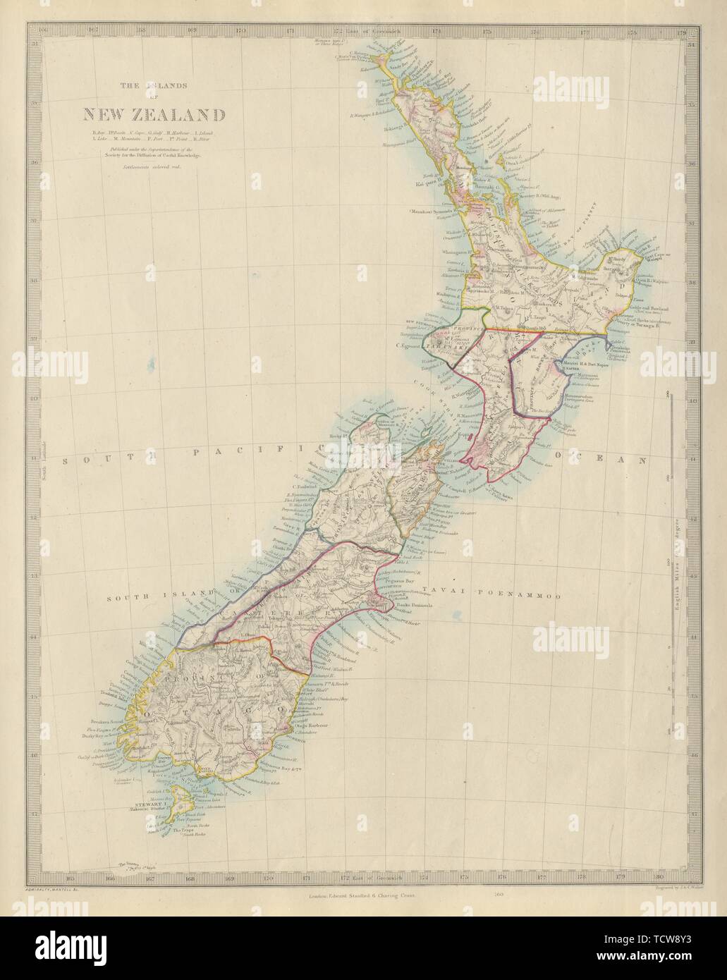 Neuseeland Provinzen Inc. Westland. Tavai Poenammoo Eaheinomauwe. SDUK 1874 Karte Stockfoto