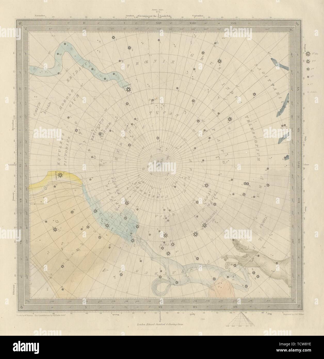 Astronomie ASTRO Star Karte Grafik 6 Südpol. SDUK 1874 alte antike Stockfoto