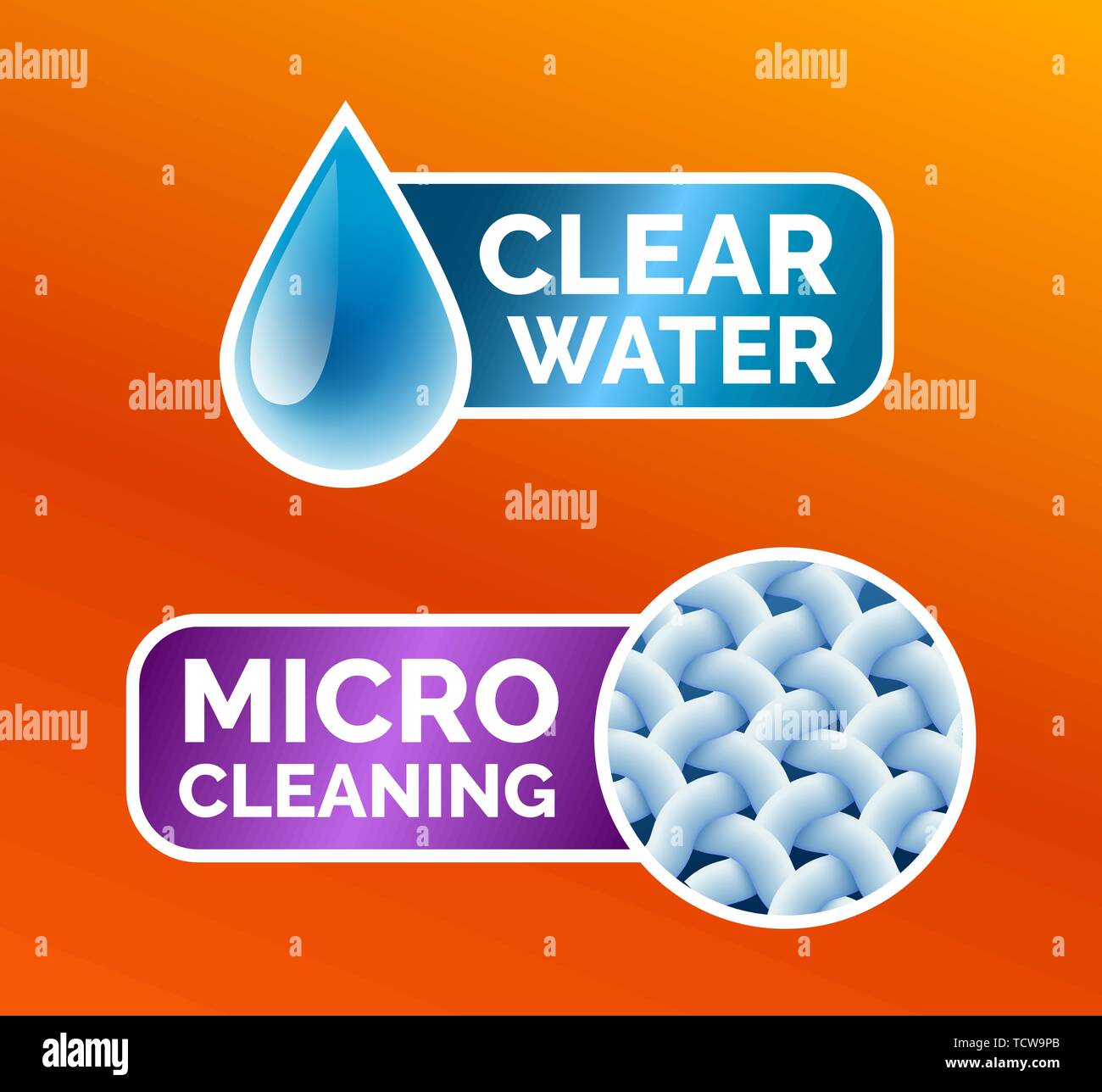 Waschen von Kleidung Aufkleber, Sticker-micro Reinigung, klares Wasser, beste Qualität, Crystal White. Saubere Wäsche, Fasern, Wassertropfen und Daumen hoch Stock Vektor