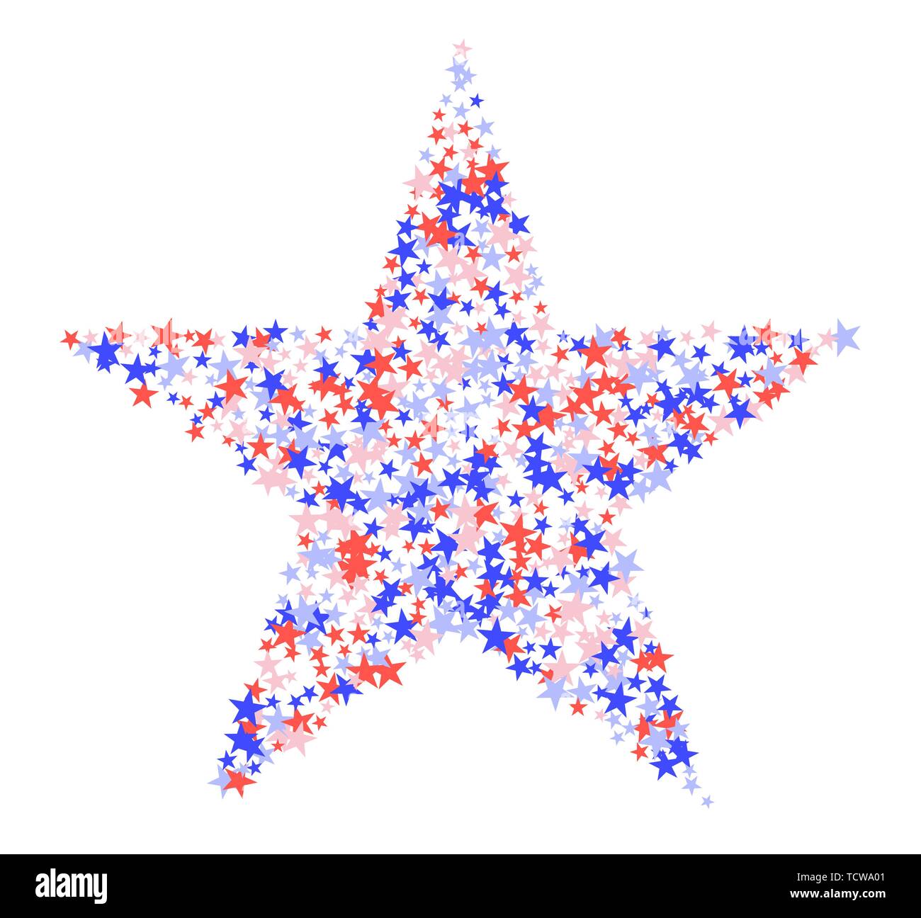 Am 4. Juli. Big Star aus vielen kleinen Sterne. Rote, blaue und weiße Konfetti, bunten Kulisse im abstrakten Stil. Vector Illustration auf Weiß Stock Vektor