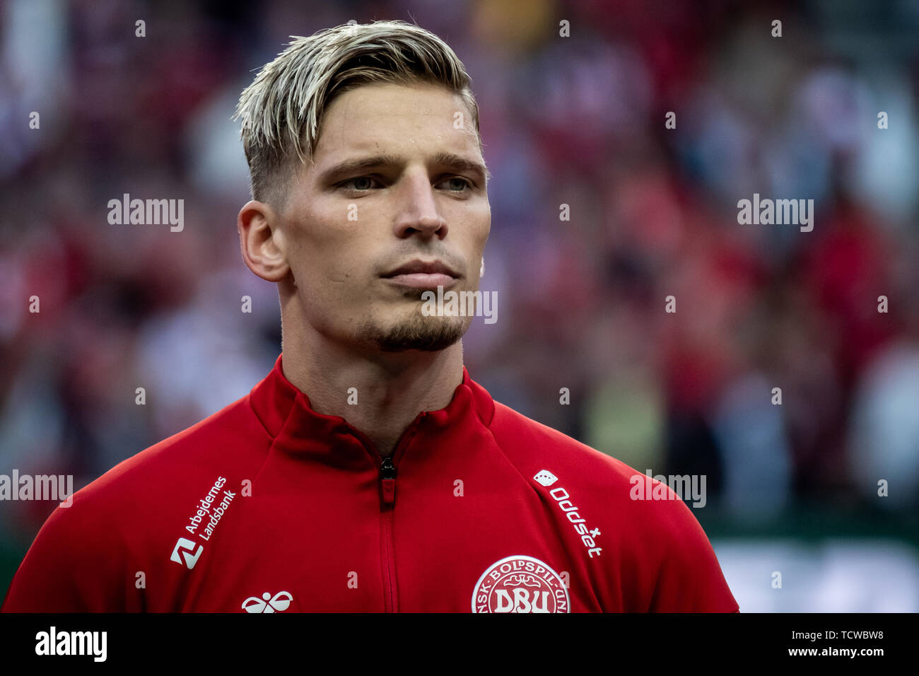 Danemark Kopenhagen 7 Juni 2019 Jens Stryger Larsen Von Danemark Wahrend Der Nationalhymne Vor Dem Em