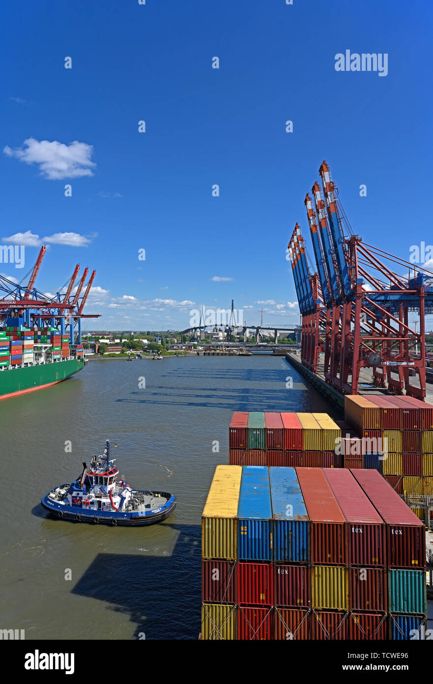 Hamburg, Deutschland - 2019.05.13: waltershof Container Terminals Burchardkai der hhla und Eurogate predöhlkai, Hintergrund: köhlbrandbrücke Stockfoto