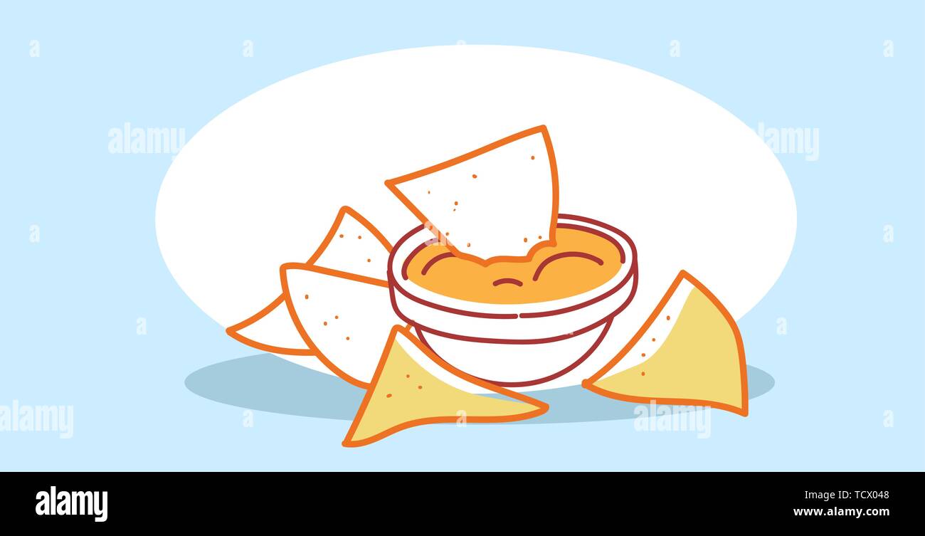 Leckere Kartoffel Mais Tortilla Chips mit Sauce in der Schüssel fast food Classic American fastfood Hand gezeichnete Skizze doodle horizontal Stock Vektor