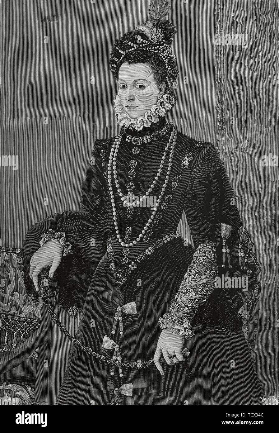 Isabel de Valois (1546-1568). Tercera esposa del rey Felipe II de España y Reina consorte de España. Grabado por Vela a partir de un Cuadro de Juan Pantoja de la Cruz. La Ilustración Española y Americana, 15 de Noviembre de 1882. Stockfoto
