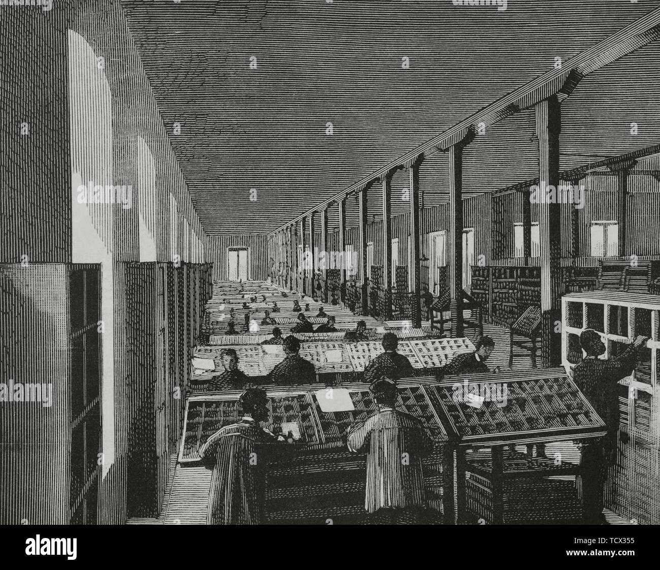 Espana Madrid Nuevo Niederlassung Des Tipografico De Los Ucesores De Rivadeneyra En El Paseo De San Vicente Salon De Cajas Grabado La Ilustracion Espanola Y Americana 30 De Julio De 1882 Stockfotografie Alamy