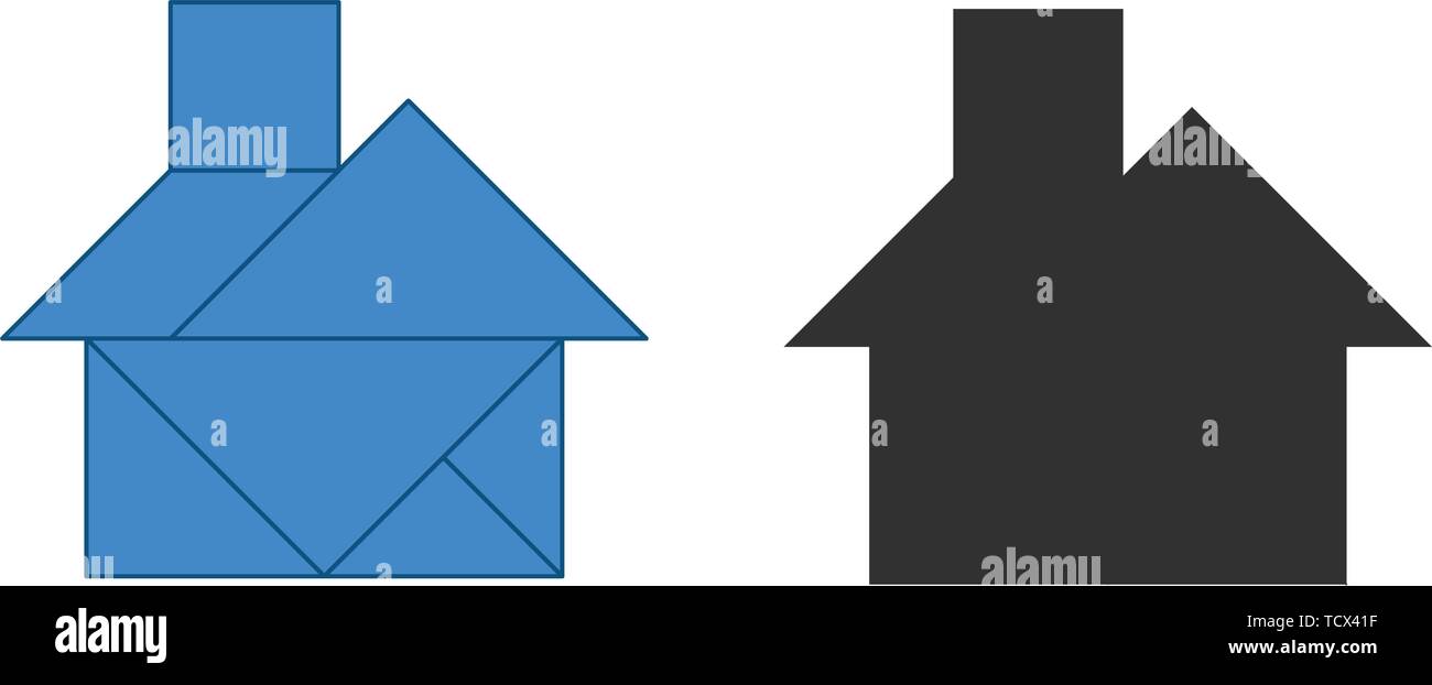 Haus Tangram. Traditionelle Chinesische Zerlegungspuzzle, sieben Tiling Stücke - geometrische Formen: Dreieck, Quadrat, Parallelogramm Rhombus. Brettspiel fo Stock Vektor