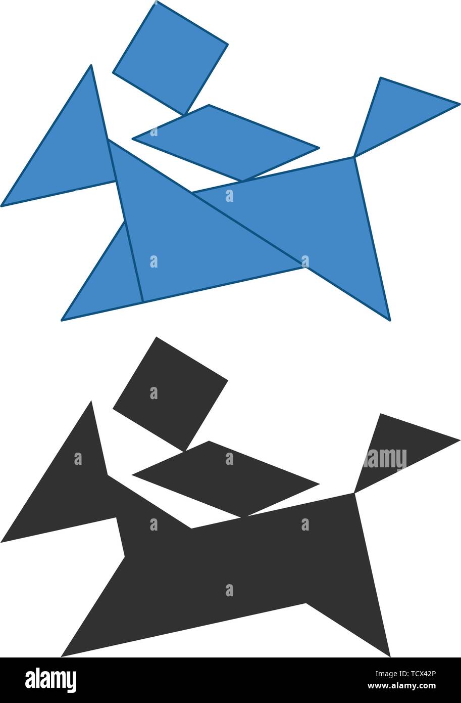 Mann auf einer kleinen Pferd Tangram. Traditionelle Chinesische Zerlegungspuzzle, sieben Tiling Stücke - geometrische Formen: Dreieck, Quadrat, Parallelogramm rhombus Stock Vektor