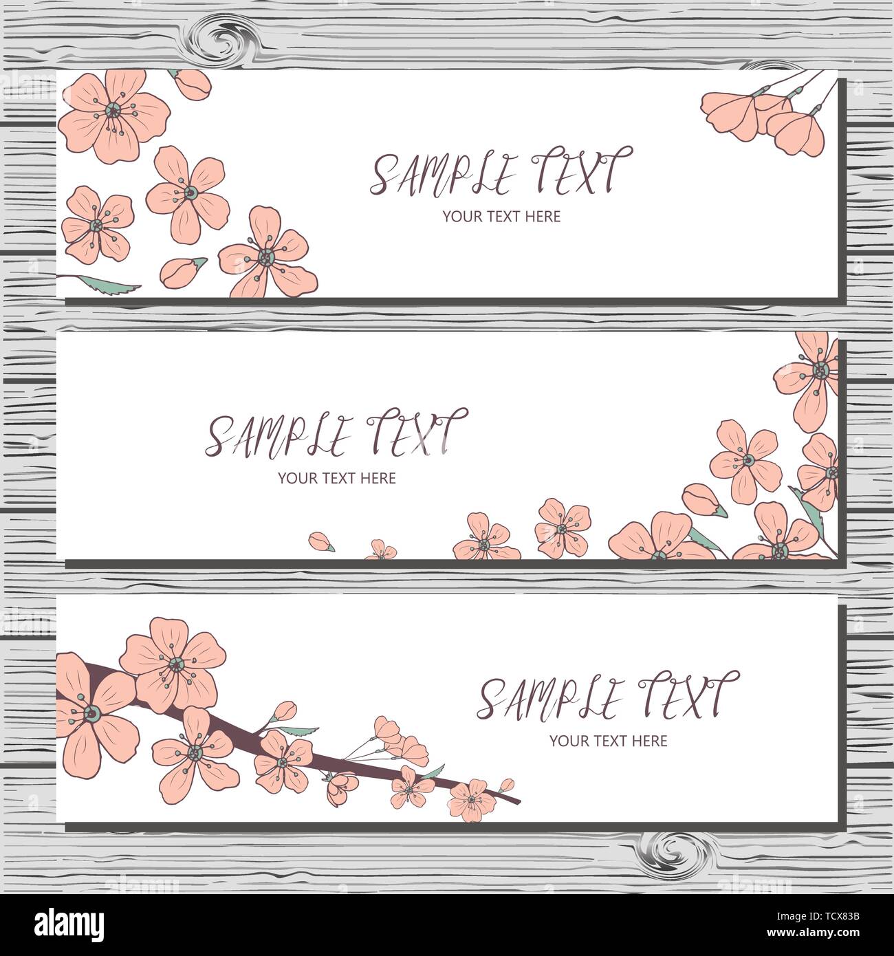 Drei horizontale Karte mit handgezeichneten sakura Zweig und Sakura Blumen auf weißem Hintergrund. Spring Time Banner. Stock Vektor