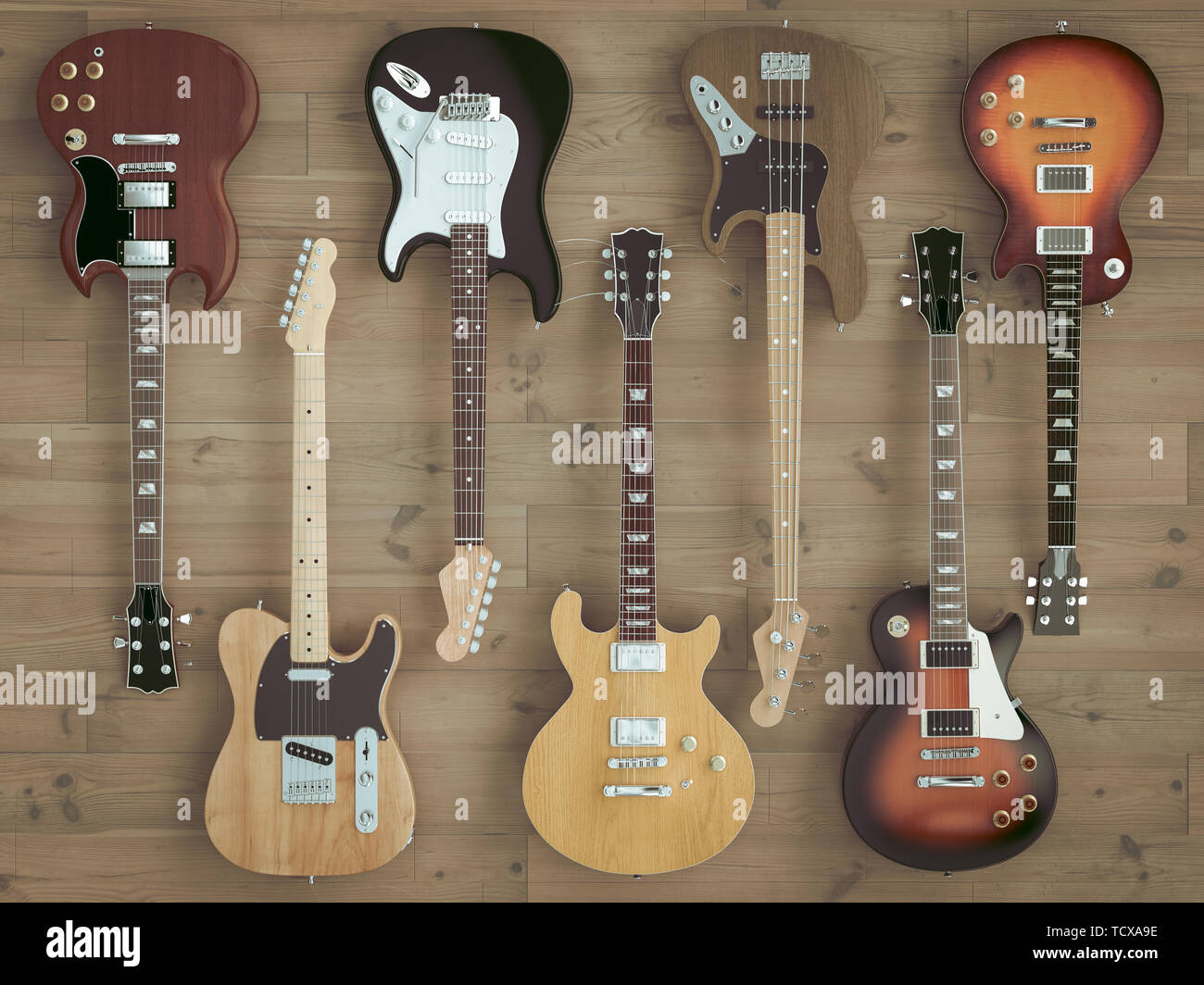 3D-Bild gerendert werden von einer Gruppe von Gitarren auf Holzboden, Stil flach. Stockfoto