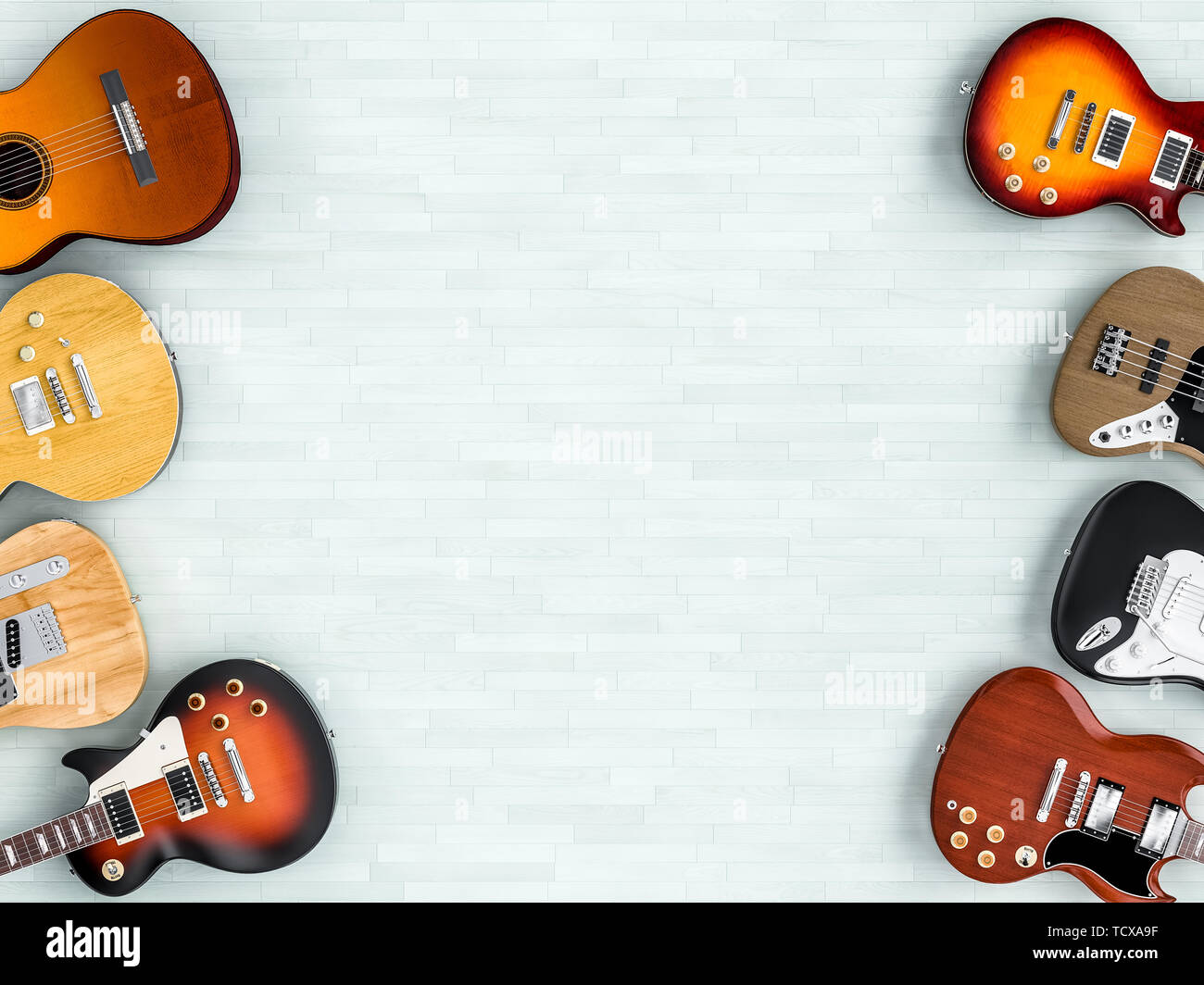 3D-Bild gerendert werden von einer Gruppe von Gitarren auf Holzboden, Stil flach. Stockfoto