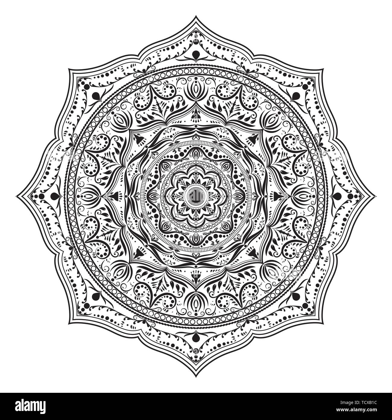 Mandala runde Ornament, eingekreiste Element für Design. Schwarze und weiße Blume Muster auf weißem Hintergrund. Hand gezeichnet. Vector Illustration. Stock Vektor