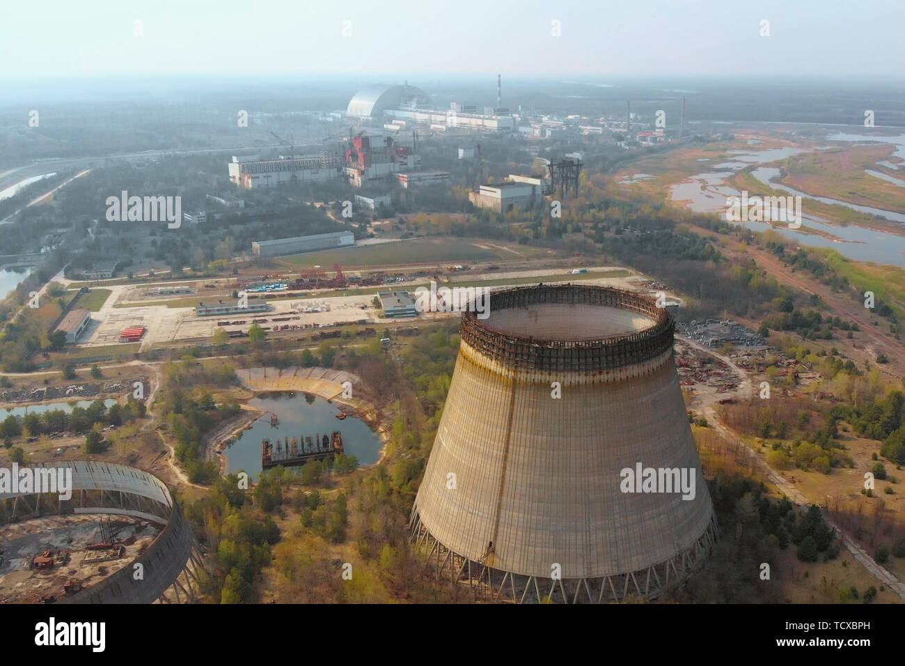 Kernkraftwerk Tschernobyl, Ukrine. Luftaufnahme Stockfoto